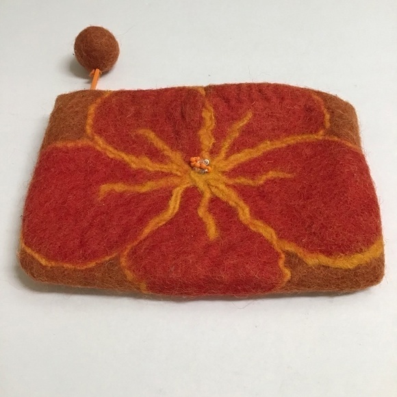 Artisan Wool Felt Orange Red Hibiscus Flower Zip Coin Purse 4x6” Hawaii Pom Pom - Picture 7 of 8